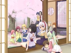 Rule 34 | 4boys, 6+girls, :d, :o, ^ ^, ahoge, architecture, arichi masaomi, ass, barefoot, black hair, black shorts, black skirt, blanket, blonde hair, blue eyes, blunt ends, blush, bottle, bow, breasts, brown hair, casual, character request, cherry blossom print, cherry blossoms, cleavage, closed eyes, collarbone, commentary request, cup, day, east asian architecture, everyone, floral print, from behind, frown, garter straps, green eyes, green hair, hair bow, hair ornament, hair ribbon, hair scrunchie, happy, highres, hitachi mako, holding, holding bottle, holding cup, japanese clothes, kimono, kneeling, kurama koharu, large breasts, lena liechtenauer, long hair, long sleeves, looking at another, looking at viewer, looking back, low twintails, lying, maniwa roka, miniskirt, multiple boys, multiple girls, murasame (senren), official alternate costume, official alternate hairstyle, on stomach, open mouth, outdoors, pencil skirt, pink hair, pleated skirt, ponytail, print kimono, profile, purple bow, purple hair, purple skirt, red bow, red eyes, red ribbon, ribbon, sake bottle, scrunchie, seiza, senren banka, shirayamakoma, short hair, short hair with long locks, shorts, sidelocks, sitting, skirt, sleeves rolled up, smile, spiked hair, spring (season), striped clothes, striped thighhighs, sweatdrop, thighhighs, tiptoes, tomotake yoshino, tree, twintails, very long hair, white kimono, wide sleeves, yellow kimono, zettai ryouiki