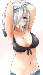 Rule 34 | 10s, 1girl, absurdres, armpits, arms up, black bra, blue eyes, bra, breasts, cleavage, food, front-tie top, hair ornament, hair over one eye, hairclip, hamakaze (kancolle), highres, kantai collection, large breasts, looking at viewer, navel, popsicle, saku (kudrove), short hair, silver hair, skirt, solo, underwear, white background
