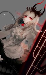 Rule 34 | 10s, 1girl, absurdres, abyssal ship, black skirt, blunt bangs, blurry, colored skin, depth of field, fang, flower, frilled skirt, frills, glowing, glowing eyes, grey background, grin, highres, horns, ijien, kantai collection, long hair, long sleeves, lycoris princess, miniskirt, puffy long sleeves, puffy sleeves, red eyes, red flower, red rose, rose, shirt, simple background, skirt, smile, solo, sparkle, white hair, white shirt, white skin