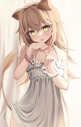 Rule 34 | 1girl, absurdres, ahoge, animal ears, bare arms, blonde hair, blush, cowboy shot, crossed bangs, cuffs, dress, empty (mn3k yo), frilled dress, frills, halterneck, handcuffs, highres, indie virtual youtuber, lion ears, lion tail, long hair, looking at viewer, no panties, rurudo lion, rurudo lion (1st costume), shackles, sleeveless, sleeveless dress, solo, standing, sundress, tail, tongue, tongue out, virtual youtuber, yellow eyes