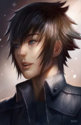 Rule 34 | 10s, 1boy, 1girl, absurdres, black hair, blue eyes, collared jacket, final fantasy, final fantasy xv, high collar, highres, jacket, male focus, noctis lucis caelum, nopeys, nose, open mouth, parted lips, portrait, realistic, solo, spiked hair, teeth