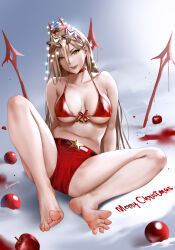 Rule 34 | 1girl, apple, barefoot, bikini, breasts, chainsaw man, christmas, feet, food, fruit, highres, horns, large breasts, long hair, looking at viewer, medium breasts, micro shorts, parted lips, power (chainsaw man), red bikini, sharp teeth, short shorts, shorts, soles, star-shaped eyewear, star (symbol), swimsuit, teeth, toes, yellow eyes