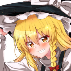 Rule 34 | 1girl, black hat, black vest, blonde hair, blush, bow, braid, colored eyelashes, commentary request, eyes visible through hair, frilled hat, frills, grin, hair between eyes, hair bow, hand on headwear, happy, hat, hat bow, highres, kirisame marisa, long hair, long sleeves, looking at viewer, md5 mismatch, mukkushi, portrait, red bow, shirt, side braid, simple background, single braid, smile, solo, sparkle, split mouth, touhou, turtleneck, vest, white background, white bow, white shirt, witch hat, yellow eyes