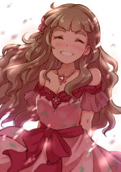 Rule 34 | 1girl, bare shoulders, blush, breasts, brown hair, cleavage, collarbone, commentary request, dress, earrings, closed eyes, grin, hair ribbon, idolmaster, idolmaster cinderella girls, jewelry, kamiya nao, long hair, medium breasts, necklace, off-shoulder dress, off shoulder, petals, pink dress, pink ribbon, ribbon, satomura kyou, smile, solo, strapless, strapless dress, very long hair, wavy hair