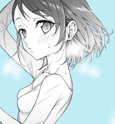 Rule 34 | 1girl, athletic leotard, blue background, blush, breasts, commentary request, floating hair, greyscale with colored background, highres, idolmaster, idolmaster cinderella girls, idolmaster cinderella girls u149, leotard, looking at viewer, monochrome, mushi024, puckered lips, sasaki chie, small breasts, solo, sweat, upper body
