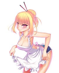 Rule 34 | 1girl, alternate hairstyle, apron, arched back, bandaid, bandaid on face, bandaid on nose, bent over, blonde hair, blue shorts, blush, breasts, closed mouth, frilled apron, frills, hair bun, hair ornament, hairpin, kamdia, large breasts, looking at viewer, nearly naked apron, pangya, red eyes, shorts, simple background, single hair bun, smile, solo, spika (pangya), white apron, white background