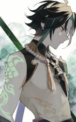 Rule 34 | 1boy, arm tattoo, armor, black hair, eyeshadow, facial mark, forehead mark, from side, genshin impact, green hair, highres, holding, holding polearm, holding weapon, jewelry, makeup, male focus, multicolored hair, necklace, pauldrons, pearl necklace, polearm, red eyeshadow, shirt, short hair, shoulder armor, shoulder tattoo, simple background, single bare shoulder, single pauldron, sleeveless, sleeveless shirt, solo, tattoo, upper body, weapon, white background, white shirt, xiao (genshin impact), yellow eyes, zuu (kyuudo9)