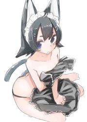 Rule 34 | 1girl, animal ears, ariyoshi gen, black hair, black panties, blue eyes, cat ears, cat tail, clothes in front, unworn clothes, looking at viewer, maid, maid headdress, original, panties, simple background, solo, tail, underwear, underwear only, white background