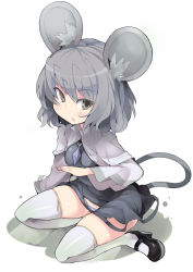 Rule 34 | 1girl, animal ears, bad id, bad pixiv id, blush, dress, full body, grey eyes, grey hair, grey thighhighs, hiruma andon, jewelry, looking at viewer, mary janes, mouse ears, mouse tail, nazrin, panties, pendant, shoes, short hair, simple background, solo, tail, thighhighs, touhou, underwear, white background, zettai ryouiki