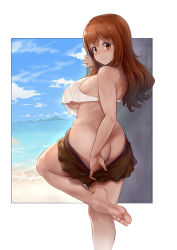 Rule 34 | 1girl, absurdres, alice gear aegis, aomoro, ass, bare legs, barefoot, beach, blush, breasts, brown eyes, brown hair, brown skirt, closed mouth, clothes pull, commentary request, covered erect nipples, crop top, crop top overhang, dated, feet, foot out of frame, hand up, highres, large breasts, long hair, looking at viewer, no panties, oozeki koyui, outside border, pulling own clothes, see-through, signature, skirt, skirt pull, smile, solo, standing, standing on one leg, underboob, wet