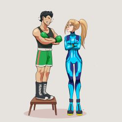 Rule 34 | 1boy, 1girl, absurdres, awkward, black hair, blonde hair, blue eyes, blush, bodysuit, boxer, boxing gloves, breasts, crossed arms, gloves, height difference, high ponytail, highres, large breasts, little mac, long hair, metroid, mm127, mole, mole under mouth, nervous, nervous smile, nintendo, ponytail, punch-out!!, samus aran, short hair, simple background, skin tight, smile, standing on object, stool, super smash bros., sweat, white background, zero suit