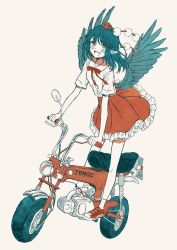 Rule 34 | 1girl, :d, beige background, black hair, black wings, blush, casual, commentary request, flat color, frilled skirt, frills, full body, happy, hat, highres, leaning forward, legs apart, limited palette, looking at viewer, monkey bike, motor vehicle, noped, open mouth, pointy ears, pom pom (clothes), red eyes, red footwear, red hat, red ribbon, red skirt, ribbon, round teeth, shameimaru aya, shirt, shoes, short sleeves, simple background, skirt, smile, socks, solo, standing, teeth, tokin hat, touhou, touya (konpekitou), white background, white shirt, white socks, wings