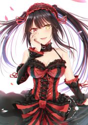 Rule 34 | 1girl, absurdres, black hair, blush, breasts, choker, cleavage, clock eyes, commentary request, date a live, detached sleeves, dress, gothic lolita, gu li, hairband, heterochromia, highres, large breasts, lolita fashion, lolita hairband, long hair, looking at viewer, open mouth, red eyes, smile, solo, symbol-shaped pupils, tokisaki kurumi, twintails, yellow eyes