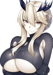 Rule 34 | 1girl, artoria pendragon (fate), artoria pendragon (lancer alter) (fate), bad id, bad twitter id, blonde hair, breast hold, breasts, crossed arms, fate/grand order, fate (series), hair ornament, huge breasts, looking at viewer, muunyan (yumenekoya), smile, solo, underboob, upper body, white background, yellow eyes