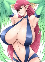 Rule 34 | 1girl, alternate breast size, bare shoulders, bikini, bird wings, blue eyes, blush, breasts, brooch, center opening, cleavage, collar, cowboy shot, duel monster, female focus, frown, halterneck, harpie lady, harpy, hip focus, huge breasts, jewelry, large breasts, leotard, long hair, looking at viewer, monster girl, navel, ogura anko, pointy ears, red hair, revealing clothes, sideboob, simple background, sketch, slingshot swimsuit, smile, solo, standing, swimsuit, very long hair, white background, wings, yu-gi-oh!, yuu-gi-ou, yu-gi-oh! duel monsters