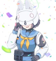 Rule 34 | 1girl, absurdres, animal ears, blue archive, breasts, confetti, covered eyes, halo, hat, helmet, helmet over eyes, highres, long sleeves, navel, open mouth, projectorzero, purple hair, saki (blue archive), short hair, smile