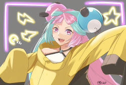 Rule 34 | 1girl, blush, character hair ornament, commentary request, creatures (company), framed, game freak, green hair, grey background, hair ornament, highres, iono (pokemon), jacket, long hair, looking at viewer, multicolored hair, natumemadara1, nintendo, open mouth, outstretched arm, pokemon, pokemon sv, purple eyes, purple hair, sharp teeth, shirt, signature, sleeveless, sleeveless shirt, solo, teeth, tongue, two-tone hair, upper body, upper teeth only, white shirt, yellow jacket