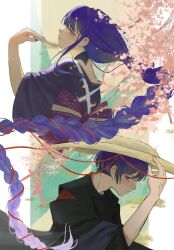 Rule 34 | 1boy, 1girl, blunt bangs, braid, cherry blossoms, from side, genshin impact, hand fan, hat, highres, holding, holding fan, holdings, japanese clothes, long hair, looking to the side, megumui 9, mother and son, outdoors, purple eyes, purple hair, purple nails, raiden shogun, red ribbon, ribbon, scaramouche (genshin impact), short hair, single braid, tomoe (symbol)
