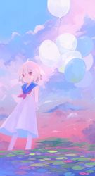 Rule 34 | 1girl, absurdres, balloon, blue sailor collar, blue sky, cloud, cloudy sky, dress, highres, lily pad, natsu-no-kamisama, original, plant, red eyes, sailor collar, short hair, sky, sleeveless, sleeveless dress, soaking feet, solo, wading, white dress, white hair, wide shot