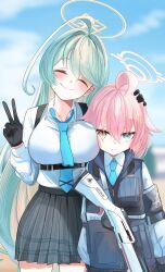 2girls ^_^ absurdres ahoge aqua_necktie armband arms_at_sides black_armband black_gloves black_skirt blue_archive blue_eyes blue_sky blurry blurry_background breasts bulletproof_vest chest_harness closed_eyes cloud cloudy_sky collared_shirt commentary_request day gloves green_hair gun hair_between_eyes hair_flaps hair_intakes halo hand_on_another&#039;s_head harness head_tilt heterochromia highres hoshino_(blue_archive) hoshino_(first_year)_(blue_archive) huge_ahoge large_breasts light_blush long_hair looking_at_viewer multiple_girls necktie outdoors pink_hair pink_halo pleated_skirt shinonome_(jugg7238) shirt shirt_tucked_in short_hair shotgun sidelocks skirt sky smile swept_bangs v v-shaped_eyebrows very_long_hair weapon white_shirt yellow_eyes yellow_halo yume_(blue_archive)