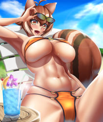 Rule 34 | 1girl, abs, animal ears, antenna hair, arm up, armpits, bikini, blazblue, blue sky, blurry, blush, breasts, brown eyes, brown hair, chair, commentary request, covered erect nipples, cup, day, depth of field, drinking glass, eyewear on head, hair between eyes, highres, huge breasts, light brown hair, looking at viewer, lying, makoto nanaya, multicolored hair, navel, o-ring, o-ring bikini, o-ring top, on back, open mouth, skindentation, sky, smile, squirrel ears, squirrel tail, sunglasses, swimsuit, tail, tama (tamakaka1031), two-tone hair, underboob