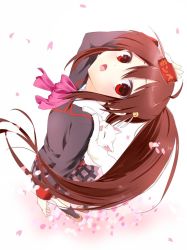 Rule 34 | 1girl, bad id, bad pixiv id, bow, brown hair, can, cat, foreshortening, hachimikks (artist), hachimikkusu, lennon, little busters!, long hair, natsume rin, pet food, pink bow, ponytail, red eyes, school uniform, solo