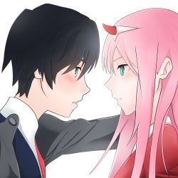 Rule 34 | 10s, 1boy, 1girl, absurdres, black hair, blush, couple, darling in the franxx, face-to-face, hair ornament, hairband, highres, hiro (darling in the franxx), horns, j humbo, long hair, looking at another, military, military uniform, oni horns, pink hair, red horns, short hair, uniform, white hairband, zero two (darling in the franxx)
