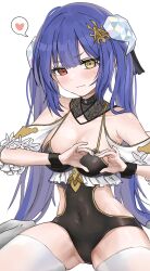 Rule 34 | 1girl, absurdres, bare shoulders, black collar, black leotard, black wrist cuffs, blue hair, blush, breasts, bungppang, cleavage, closed mouth, collar, collarbone, covered navel, cowboy shot, detached collar, detached sleeves, diamond (gemstone), embarrassed, frilled leotard, frills, hair between eyes, hair ornament, hands up, heart, heart hands, heterochromia, highres, legs apart, leotard, long hair, looking at viewer, medium breasts, original, red eyes, short sleeves, sidelocks, simple background, sitting, solo, spaghetti strap, spoken heart, sweatdrop, thighhighs, thighs, twintails, v-shaped eyebrows, waist cutout, wariza, wavy mouth, white background, white sleeves, white thighhighs, wrist cuffs, yellow eyes