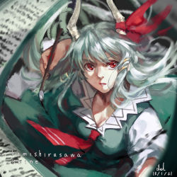 Rule 34 | 1girl, bad id, bad pixiv id, breasts, calligraphy brush, cleavage, dress, fancybetty, green dress, horn ornament, horn ribbon, horns, kamishirasawa keine, large breasts, long hair, looking at viewer, necktie, paintbrush, red eyes, ribbon, scroll, silver hair, solo, touhou, very long hair