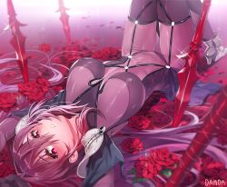 Rule 34 | 1girl, armor, artist name, blush, bodysuit, boots, commentary request, covered navel, damda, fate/grand order, fate (series), flower, hair between eyes, lance, long hair, looking at viewer, lying, on back, parted lips, pauldrons, petals, planted, polearm, purple hair, red eyes, red flower, red rose, rose, scathach (fate), shoulder armor, signature, solo, sparkle, upside-down, weapon