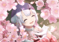 Rule 34 | &gt; &lt;, 1girl, animal, cat, closed eyes, flower, highres, hilamaru, holding, holding animal, hololive, horns, nakiri ayame, open mouth, petals, skin-covered horns, smile, solo, tree shade, upper body, virtual youtuber, white cat, white hair