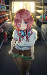 Rule 34 | 1girl, absurdres, american football, ball, basketball, basketball (object), blue eyes, blush, breasts, brown hair, brown jacket, closed mouth, clothes pull, covered erect nipples, day, fire extinguisher, gluteal fold, go-toubun no hanayome, green shorts, gym storeroom, gym uniform, hair between eyes, headphones, headphones around neck, highres, indoors, jacket, kongbai, large breasts, lips, long hair, looking at viewer, nakano miku, no panties, pantyhose, shirt, short sleeves, shorts, shorts pull, soccer, soccer ball, solo, standing, thighband pantyhose, white shirt