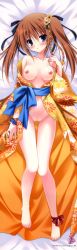 Rule 34 | 1girl, absurdres, barefoot, bed, bed sheet, blue eyes, blush, breasts, brown hair, dakimakura (medium), feet, flower, from above, groin, hair flower, hair ornament, hanamakura, highres, huge filesize, japanese clothes, kimono, legs, looking at viewer, naked kimono, nipples, no bra, no panties, obi, on bed, open clothes, open kimono, pussy, sash, scan, solo, tanihara natsuki, twintails, uncensored