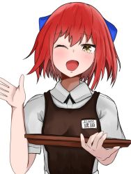 Rule 34 | 1girl, ;d, apron, black apron, black necktie, blue bow, blush, bow, hand up, holding, holding tray, kohaku (tsukihime), looking at viewer, manaty sw, md5 mismatch, name tag, necktie, one eye closed, open mouth, red hair, resolution mismatch, shirt, short sleeves, smile, solo, source larger, tongue, tray, tsukihime, upper body, white shirt, yellow eyes