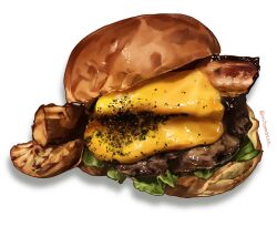 Rule 34 | absurdres, artist name, bacon, burger, cheese, food, food focus, highres, lettuce, meat, mitomaton, no humans, original, pepper, realistic, simple background, still life, twitter username, white background