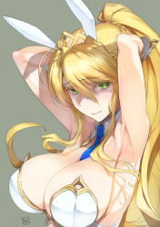Rule 34 | 1girl, ahoge, armpits, arms behind head, arms up, artoria pendragon (all), artoria pendragon (fate), artoria pendragon (swimsuit ruler) (fate), bare shoulders, blonde hair, blue necktie, braid, breasts, cleavage, closed mouth, detached collar, fate/grand order, fate (series), french braid, green eyes, grey background, hair between eyes, heart, heart-shaped pupils, large breasts, leotard, long hair, looking at viewer, necktie, ponytail, simple background, smile, solo, symbol-shaped pupils, tiara, tooya daisuke, white leotard, wrist cuffs