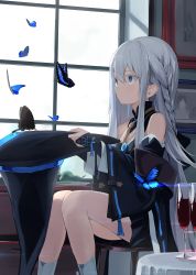 Rule 34 | 1girl, absurdres, alcohol, bare shoulders, black butterfly, black hat, blue butterfly, blue eyes, breasts, bug, butterfly, cup, day, drinking glass, grey hair, hat, highres, holding, holding clothes, holding hat, indoors, insect, jewelry, kneehighs, long hair, mikisai, necklace, open mouth, shiki no akari, sidelocks, sitting, small breasts, socks, solo, tomoshibi no majo, unworn hat, unworn headwear, wine, wine glass