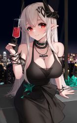 Rule 34 | alcohol, arknights, asymmetrical breasts, bare shoulders, black choker, black collar, black dress, black sleeves, blue flower, blush, breasts, choker, cleavage, collar, cup, demon horns, detached sleeves, dress, drink, drinking glass, ear piercing, eyebrows hidden by hair, flower, gloves, green flower, grey hair, hair between eyes, hair ornament, highres, holding, holding cup, horns, infection monitor (arknights), jewelry, kasasasagi, large breasts, long hair, material growth, mudrock (arknights), mudrock (obsidian) (arknights), necklace, night, official alternate costume, oripathy lesion (arknights), partially fingerless gloves, piercing, red eyes, see-through, see-through dress, sitting, smile, window