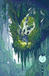 Rule 34 | 1other, absurdres, bush, chinese commentary, clefs27, commentary request, cracked mask, fence, grass, grey cloak, highres, hollow knight, impaled, knight (hollow knight), lamppost, mask, nail (hollow knight), no humans, overgrown, plant, solo, thorns, vines