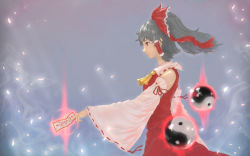 Rule 34 | 1girl, ascot, bare shoulders, black hair, blurry, bow, breasts, cowboy shot, depth of field, detached sleeves, expressionless, hair bow, hair tubes, hakurei reimu, highres, nontraditional miko, ofuda, petals, ponytail, profile, red eyes, sarashi, short hair, solo, touhou, wide sleeves, wind, xia oekaki, yin yang orb