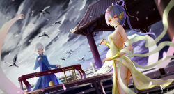 Rule 34 | 2girls, bare shoulders, china dress, chinese clothes, dress, closed eyes, long hair, luo tianyi, multiple girls, no panties, purple hair, red eyes, short hair, thigh strap, vocaloid, vocanese, wangchuan de quanyan, white hair, yanhe