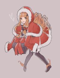 Rule 34 | 1girl, blonde hair, blunt bangs, blush, boots, bow, christmas, dress, gift, grey background, hair ornament, hair ribbon, hairclip, hat, heart, holding, holding gift, long hair, looking at viewer, orange eyes, paimu h, red riding hood (sinoalice), ribbon, santa dress, santa hat, sidelocks, simple background, sinoalice, solo, thigh boots, thighhighs, wavy hair