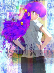 Rule 34 | 1girl, double bun, from behind, hands on own hips, long hair, looking back, purple hair, ranma 1/2, shampoo (ranma 1/2), solo, yellow eyes