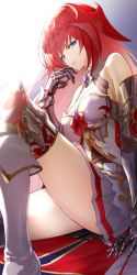 Rule 34 | 1girl, absurdres, aiu eo, armored boots, bare shoulders, blue eyes, boots, detached collar, gauntlets, godsworn alexiel, granblue fantasy, hair ornament, highres, long hair, looking at viewer, red hair, skirt, solo, thighs, very long hair, white skirt