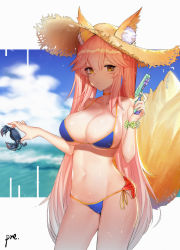 Rule 34 | 1girl, animal, animal ear fluff, animal ears, artist name, bare arms, bare shoulders, bikini, blue bikini, breasts, brown hat, choker, cleavage, cloud, cloudy sky, collarbone, commentary request, cowboy shot, crab, day, ears through headwear, expressionless, fate/grand order, fate (series), firing, flower bracelet, fox ears, fox girl, fox tail, groin, hair between eyes, hat, highres, holding, holding animal, large breasts, long hair, looking at viewer, navel, orange choker, orange eyes, orange ribbon, outdoors, outside border, pink hair, pre (preecho), ribbon, side-tie bikini bottom, signature, sky, solo, starfish, stomach, straight hair, straw hat, string bikini, swimsuit, tail, tamamo (fate), tamamo no mae (fate/extra), tamamo no mae (swimsuit lancer) (fate), twintails, water, water gun