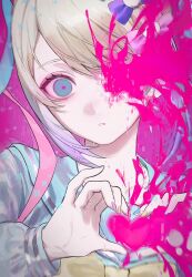 Rule 34 | 1girl, blonde hair, blood, blue eyes, blue hair, blue nails, blue shirt, bow, chouzetsusaikawa tenshi-chan, commentary, gradient hair, hair bow, hands up, heart, heart hands, long hair, long sleeves, looking at viewer, multicolored hair, multicolored nails, nail polish, needy girl overdose, parted lips, pink background, pink blood, pink bow, pink hair, pink nails, purple bow, purple hair, quad tails, sailor collar, shirt, solo, sparkle, symbol-only commentary, tsukio (o tukio), upper body, yellow bow, yellow nails