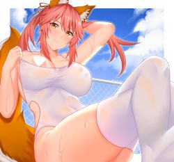 Rule 34 | 1girl, animal ear fluff, animal ears, arind yudha, breasts, censored, fate/extra, fate (series), fox ears, fox girl, fox tail, hair between eyes, heart, heart censor, highleg, highleg swimsuit, large breasts, long hair, looking at viewer, one-piece swimsuit, one breast out, pink hair, sidelocks, swimsuit, tail, tamamo (fate), tamamo no mae (fate/extra), twintails, white one-piece swimsuit, yellow eyes