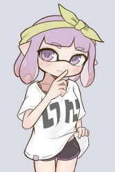 Rule 34 | 1girl, artist request, bandana, blush, closed mouth, clothes lift, female focus, finger to mouth, grey background, highres, inkling, inkling girl, inkling player character, lifting own clothes, looking at viewer, nintendo, pointy ears, purple eyes, purple hair, shirt, shirt lift, short hair, short sleeves, shorts, shushing, simple background, smile, solo, splatoon (series), standing, t-shirt, tentacle hair, white shirt