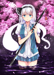 Rule 34 | 1girl, aqua eyes, aqua skirt, aqua vest, black hairband, black ribbon, blush, breasts, cherry blossoms, cleavage, commentary request, cowboy shot, fule, hair ribbon, hairband, highres, hitodama, holding, holding sword, holding weapon, katana, konpaku youmu, konpaku youmu (ghost), looking at viewer, miniskirt, parted lips, pleated skirt, puffy short sleeves, puffy sleeves, ribbon, scabbard, sheath, sheathed, shirt, short hair, short sleeves, silver hair, skirt, skirt set, small breasts, solo, standing, sword, touhou, vest, wading, water, weapon, white shirt