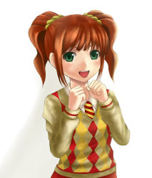 Rule 34 | 00s, 1girl, argyle, argyle clothes, argyle sweater, brown hair, chiko (kanhogo), clenched hands, college of angel (idolmaster), green eyes, idolmaster, idolmaster (classic), necktie, open mouth, school uniform, smile, solo, striped, striped necktie, sweater, takatsuki yayoi, twintails